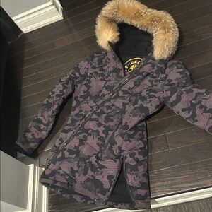 Moose Knuckles woman’s Black Purple Camouflage Puffer Jacket with Fur Hood